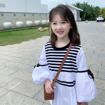Girl Lian Dress 2022 Spring Dress New Children Han Edition Foreign Air Striped Dress Baby Spring Autumn Season Princess Nepotism