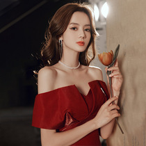 Toast dress bride 2021 new summer red one-shoulder thank-you banquet evening dress engagement return dress female