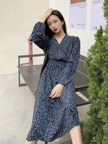 2021 Autumn New Korean version of slim Joker waist waist temperament BAO WEN long sleeve long V collar dress women