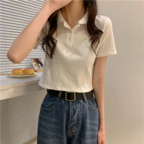 2021 summer Korean casual Joker slim slim fashion pothole POLO collar short sleeve solid color short top