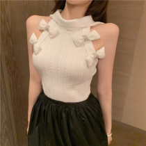 2021 summer Korean version of net red temperament design bow half high collar solid color pullover sleeveless knitted vest