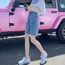 Denim shorts Womens high waist loose five-point pants summer straight tube Hong Kong taste wide legs thin section tide ins Japanese 5-point pants