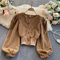 European and American ins design sense bubble sleeve sweater female 2020 new retro corduroy short waist cardigan top