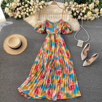 Seaside holiday dress female design sense niche bubble sleeve heart machine strapless long printed pleated skirt