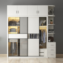 Fufu glass with lamp Nordic modern simple sliding door wardrobe light luxury bedroom storage solid wood panel wardrobe