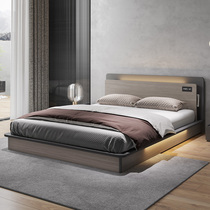 Wooden Moon bed Nordic bed modern simple bed with lamp bed small apartment wedding bed storage high Box storage double bed