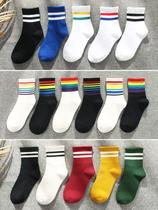   Socks womens mid-tube socks Spring and summer Korean college style Japanese four seasons bar solid color cotton socks two sports mens long