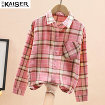 Caesar Girl Baby Long Sleeve Shirt Fashion Plaid CUHK Child Pure Cotton Plus Suede Shirt Foreign Air Autumn Clothing Student Tide