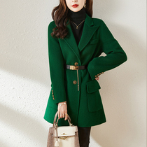 Green double-sided cashmere coat womens short 2021 autumn and winter belt high end wool slim slim double-sided jacket