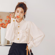 New Salt Solid Color Fashionable Two Butterfly Round Neck Beige Shirt Single Breasted Commuter Long Sleeve Shirt Women