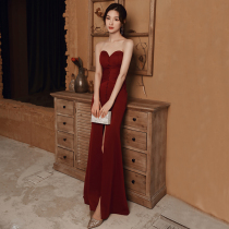 Toast dress bride 2021 new temperament sexy bandeau wine red evening dress skirt advanced texture fishtail summer