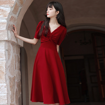 Toast dress Bride summer engagement thank-you party small dress skirt Burgundy back door casual dress can usually be worn