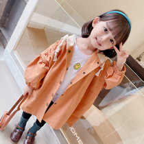 Girls spring and autumn windbreaker baby Foreign style Korean loose cotton hooded coat 2021 autumn girls childrens clothing