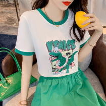 2021 summer new contrast color age-reducing dinosaur cartoon letter printing wild caution machine short-sleeved round-neck T-shirt women