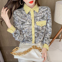 2021 Autumn New Port flavor retro style printed metal buckle chiffon shirt top female wild bubble long sleeve shirt