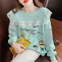 Lace fungus lace round neck pullover sweater female 2021 Spring and Autumn New Korean version of loose Joker doll neck top