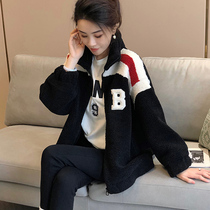 Black imitation lamb plush jacket womens small fragrance casual thickened baseball uniform autumn and winter 2022 new European station