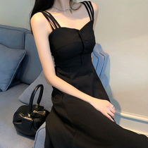 Sling dress summer 2021 New Super fairy sexy temperament thin French retro Platycodon over knee waist long skirt