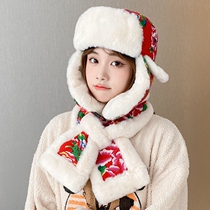 Northeast big flower hat winter retro Lei Feng hat female warm ear protection big flower cloth cotton hat male tide Youth National Wind