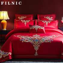 FILNIC upscale light and luxurious wedding with four sets of big red embroidered pure cotton wedding room with wedding bed and bedding