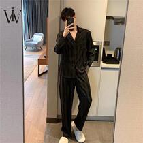 Japanese ice silk pajamas men spring and autumn Korean version silk long sleeves men striped couple loungewear set