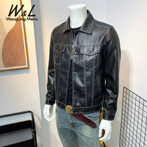  2021 spring and autumn lapel leather jacket mens slim tide brand motorcycle simulation leather jacket Haining top casual