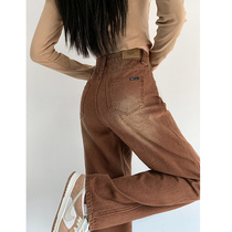 Brown velvet straight jeans womens autumn and winter 2022 new high waist American retro coffee color wide leg pants