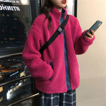 French niche age reduction design sense Contrast zipper lamb wool coat Hong Kong flavor ins temperament thick warm top