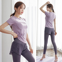 Running suit womens summer new high-end sportswear fitness clothes thin short-sleeved quick-drying yoga suit fake two-piece pants