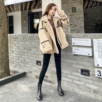 Plus velvet thickened leather wool one lamb coat female Korean version loose 2021 new autumn and winter Joker outside wear