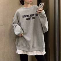 Fake two pieces of autumn and winter dress maternity dress new letters plus velvet loose medium length pregnant women long sleeve sweater coat tide mother