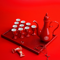 Wedding wedding ceramic red wine set Chinese wedding wedding banquet double happy Hulk toast Cup toast Cup tray