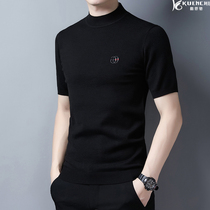 Mens Knitted Short Sleeve Sweater Mens Half High Neck Half Sleeve Cardigan Autumn and Winter Half Sleeve base shirt Slim Tide