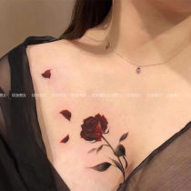 ins wind rose tattoo sticking dark black ensemble sexy persistent waterproof chest mouth female personality cool red rose arms realistic