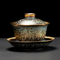 Gilt ceramic cover bowl Vintage pure gold tea bowl Three-cai tea maker Large tea cup high-grade household Kung Fu tea set