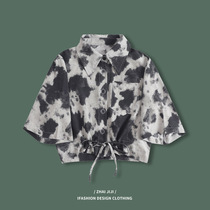 Retro printed hem drawstring design sense short niche shirt womens summer new 2021 wild Hong Kong flavor shirt