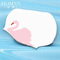  HOMNN silicone large swimming cap Waterproof large swimming cap womens long hair printed swimming cap ear protection black swan cap