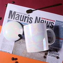 ins Aurora colorful ceramic mug with lid spoon trend rainbow Pearl glaze coffee cup couple water Cup customization