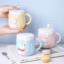 Net red ceramic cup with lid with spoon Female student Korean version of cute couple water cup Household mug with lid spoon