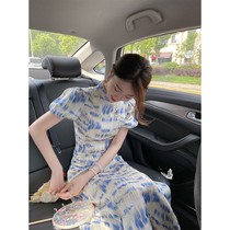Pleated printing mid-length temperament personality short-sleeved 2021 summer new womens simple sweet socialite dress