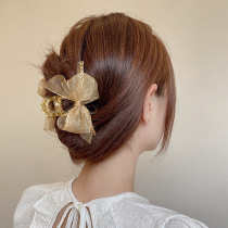Korean new high-end mesh bow hairclip female niche hair clip shark clip large temperament hair grab