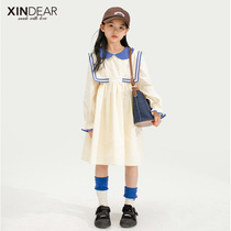 Girl Long Sleeve College Wind Dress Dress 2022 Spring New Girl Navy Collar Full Cotton Spring Autumn Dress Pure Color