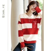  Womens polo sweater 2021 early autumn new womens spring and autumn thin blue stripes early autumn womens tide top autumn