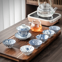 Chinese style blue and white porcelain kung fu tea set ceramic tea set Thin tire white porcelain cover bowl tea cup tea maker home