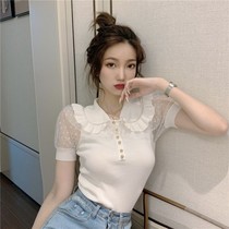 Spring and summer new mesh stitching doll collar sweater slim short-sleeved base shirt short top womens clothing