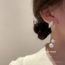 925 silver needle Korea Dongdaemun pearl leaf tassel earrings drop oil long drop earrings temperament earrings women earrings