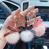 Korean bow mink hair ball keychain creative girl heart chain Candy color fur car bag pendant