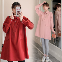 Pregnant womens spring and autumn top size foreign standing collar casual shirt long tide mother belly pants shirt two-piece set