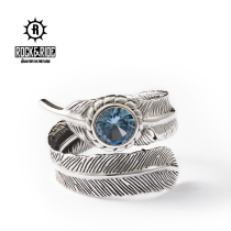 (Official) American ROCKRIDE blue crystal feather ring live mouth adjustable 925 sterling silver male tide