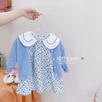 Girls foreign style dress Autumn New knitted sweater cardigan floral dress children idyllic two-piece set